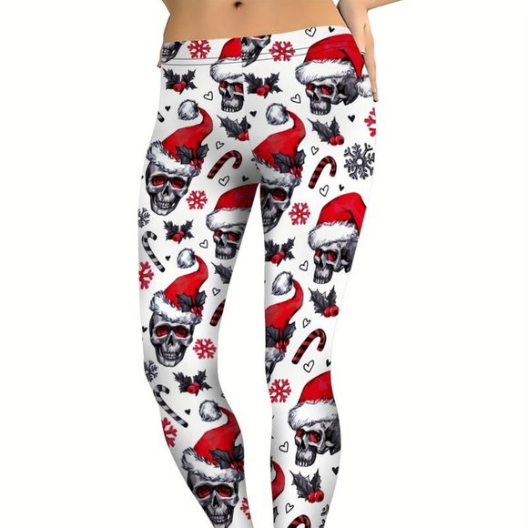 Christmas Skull Print High Waist Running Training Fitness Yoga Tight Pants, Hall - Picture 1 of 5